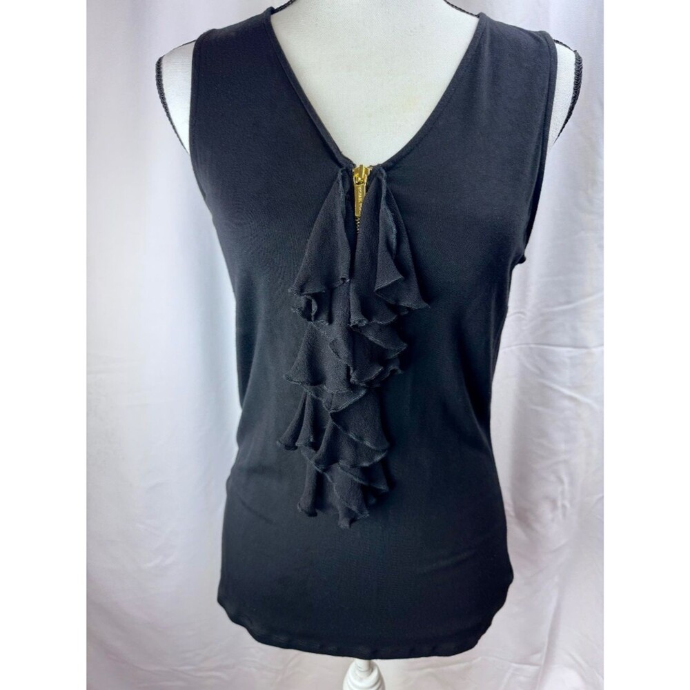 Michael Kors Women Black Tank Top Front Zipper with Ruffles - Size M (A201)